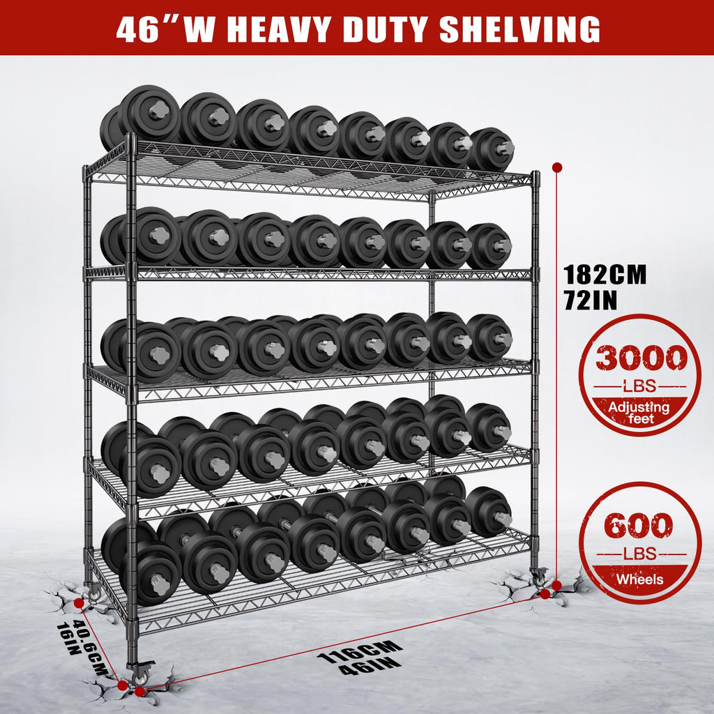 46”W 5 Tier Metal Wire Shelving with Wheels K332547
