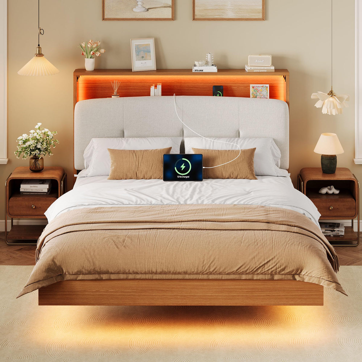 Full Size Floating Bed Frame with LED Light and Charging Station R52287