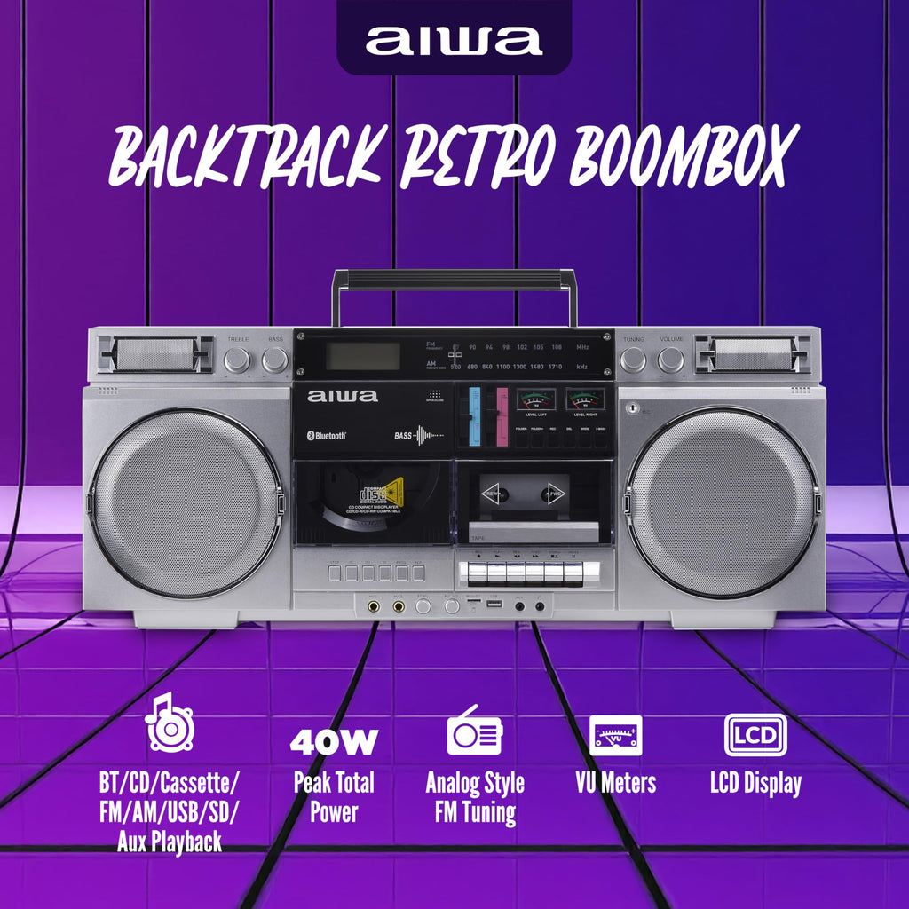 Retro Boombox CD Player with Cassette Recording, Bluetooth, FM/AM Radio, USB/SD/AUX Inputs, Dual 40W Speakers O575761