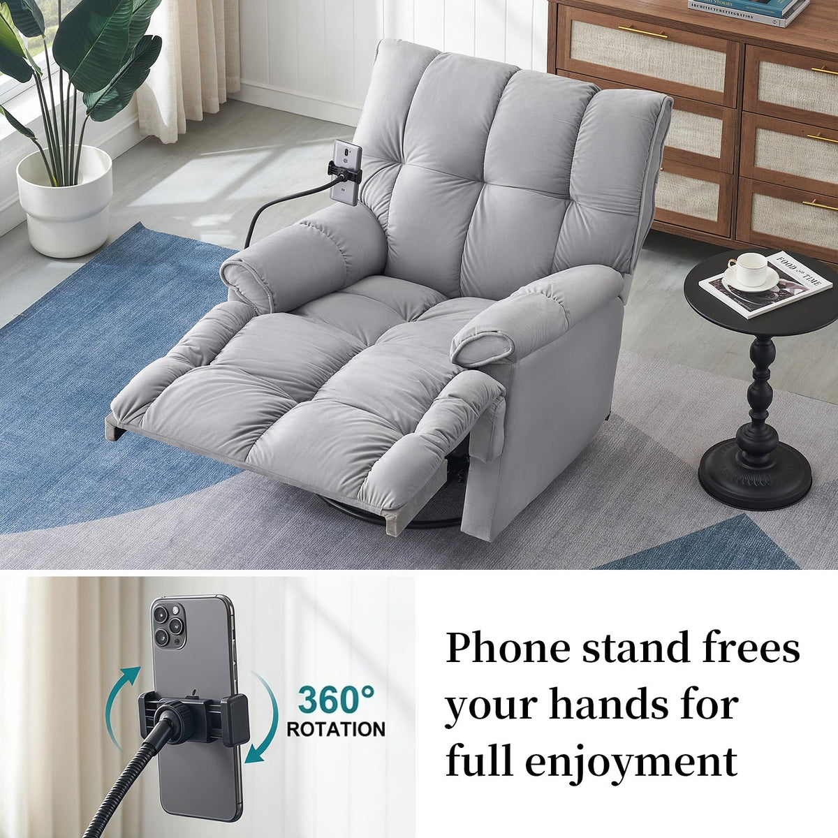 Velvet Swivel Recliner Accent Chair with Detachable Side Phone Holder B415