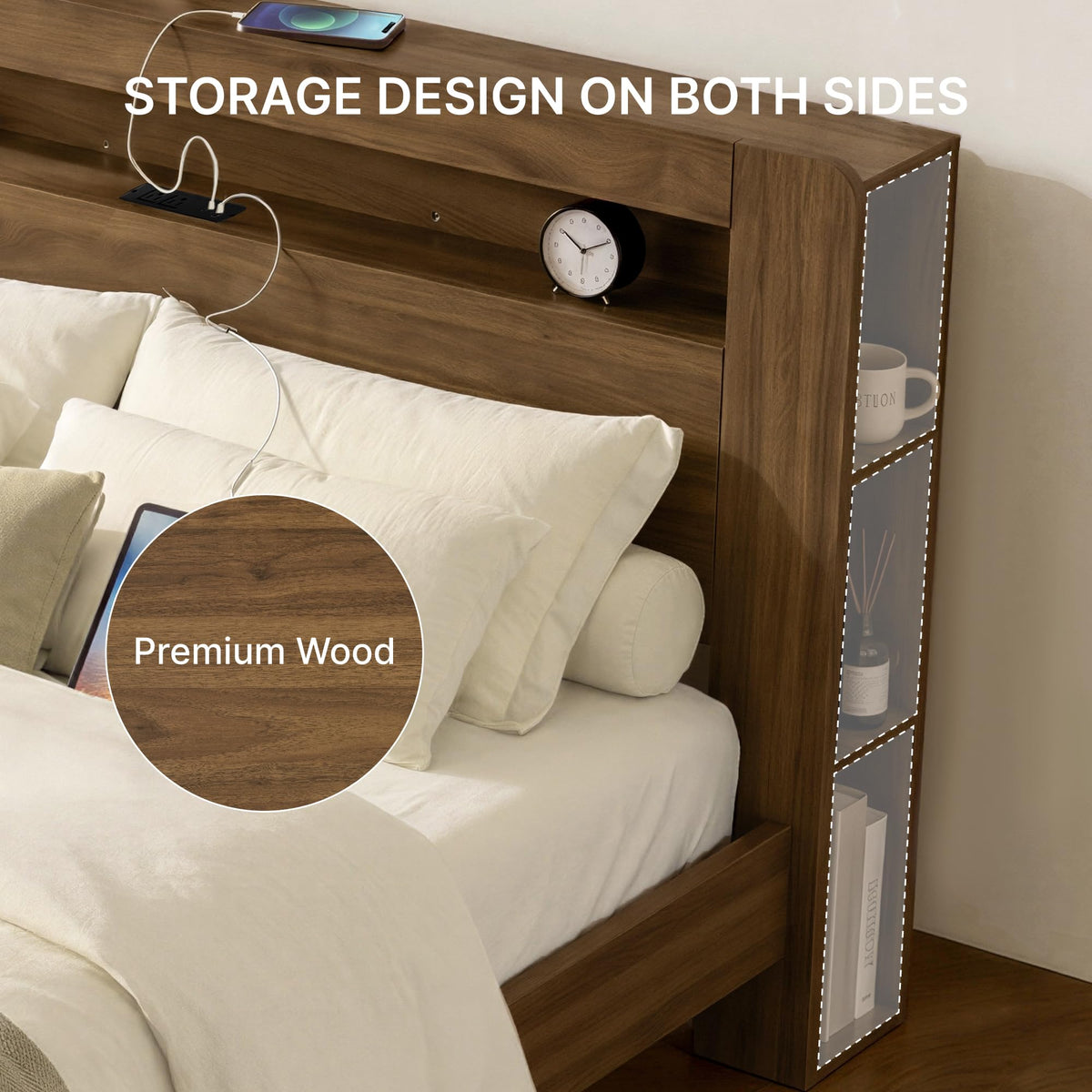 King Walnut Storage Bed Frame with LED Lights Z419