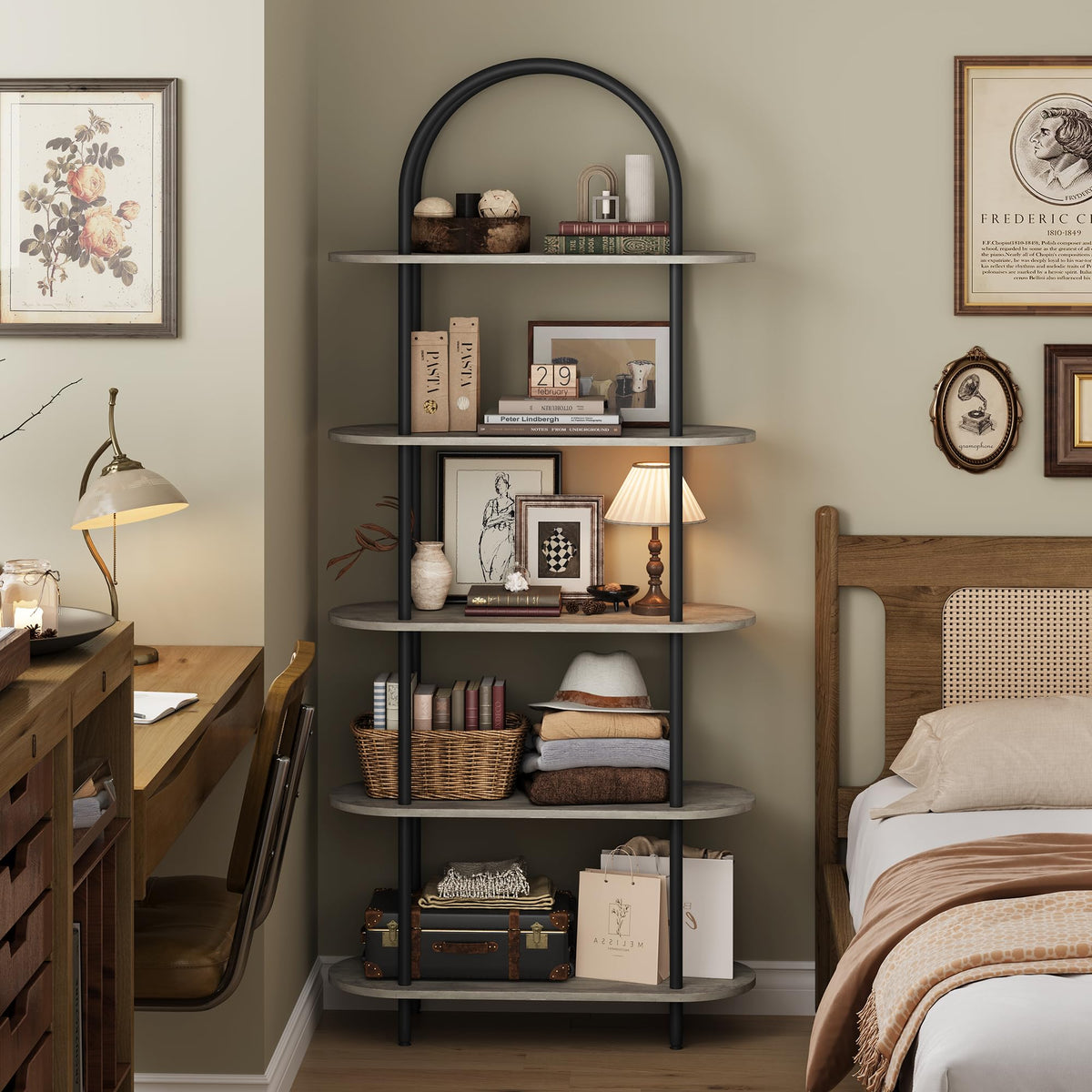 5-Tier Open Arched Bookshelf with Metal Frame N222955