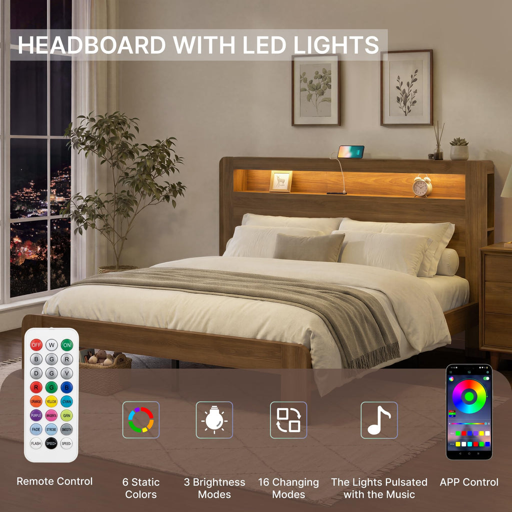 King Walnut Storage Bed Frame with LED Lights Z419