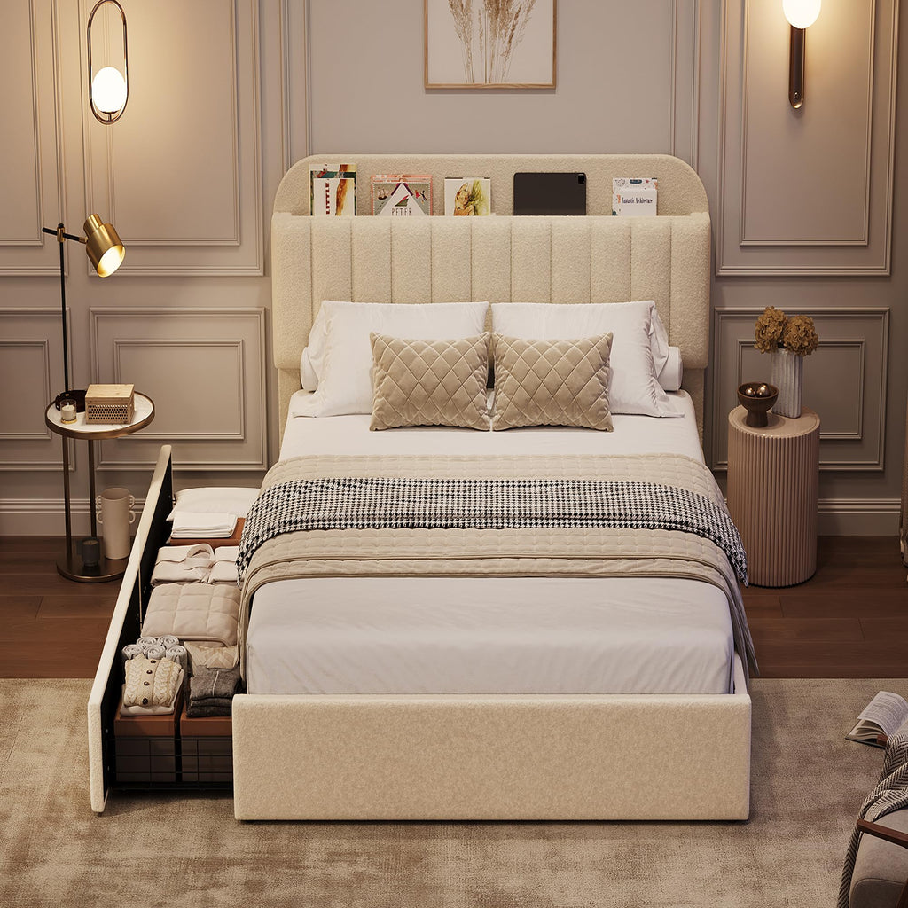 Twin Platform Bed with Storage Headboard & Drawers D8852