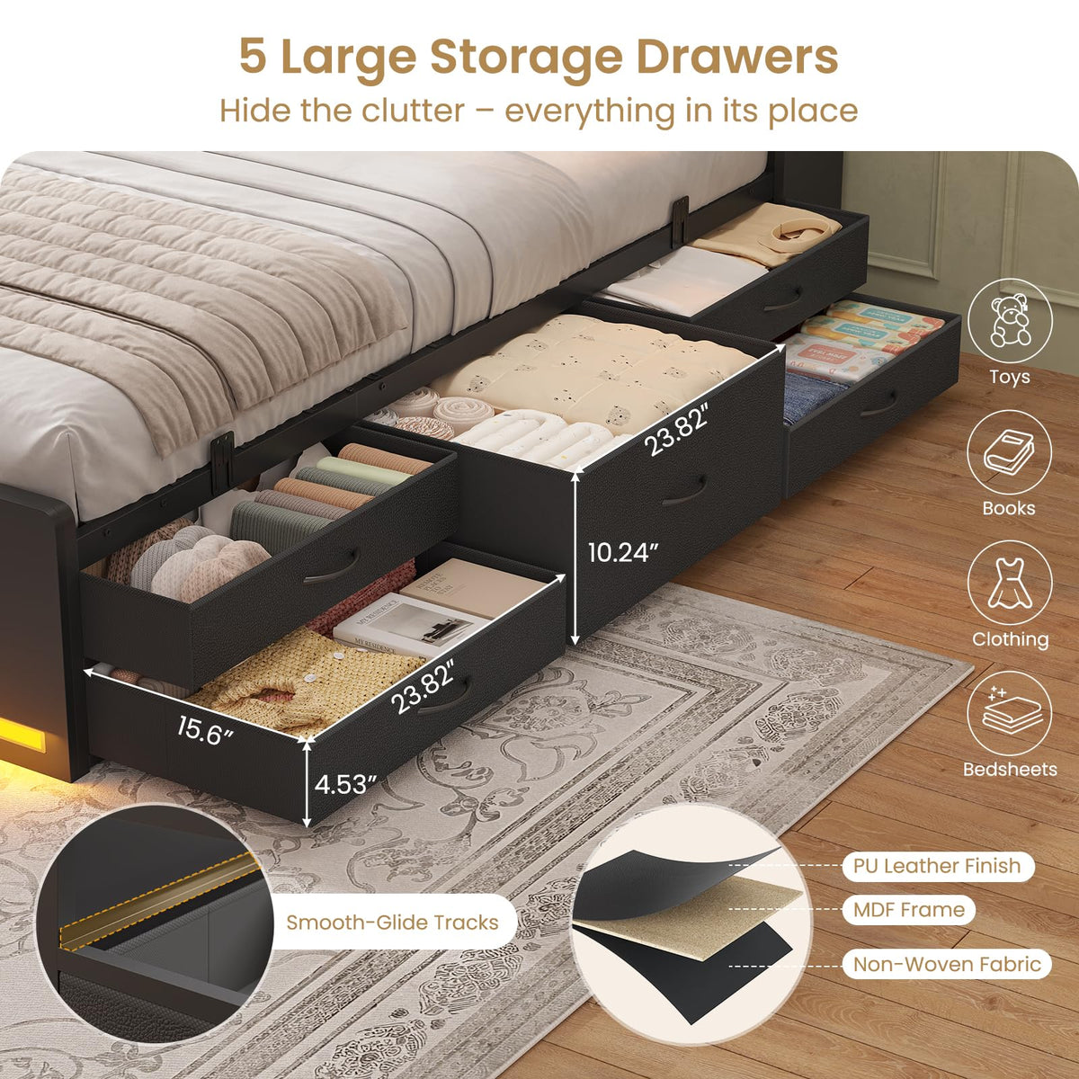 Twin Size Storage Bed Frame with 5 Drawers M46179