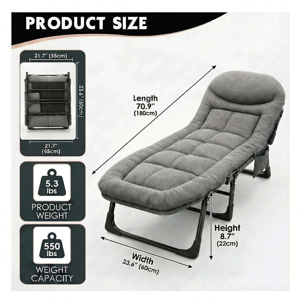 Folding Camping Cot with Mattress and Pillow, Grey E9094