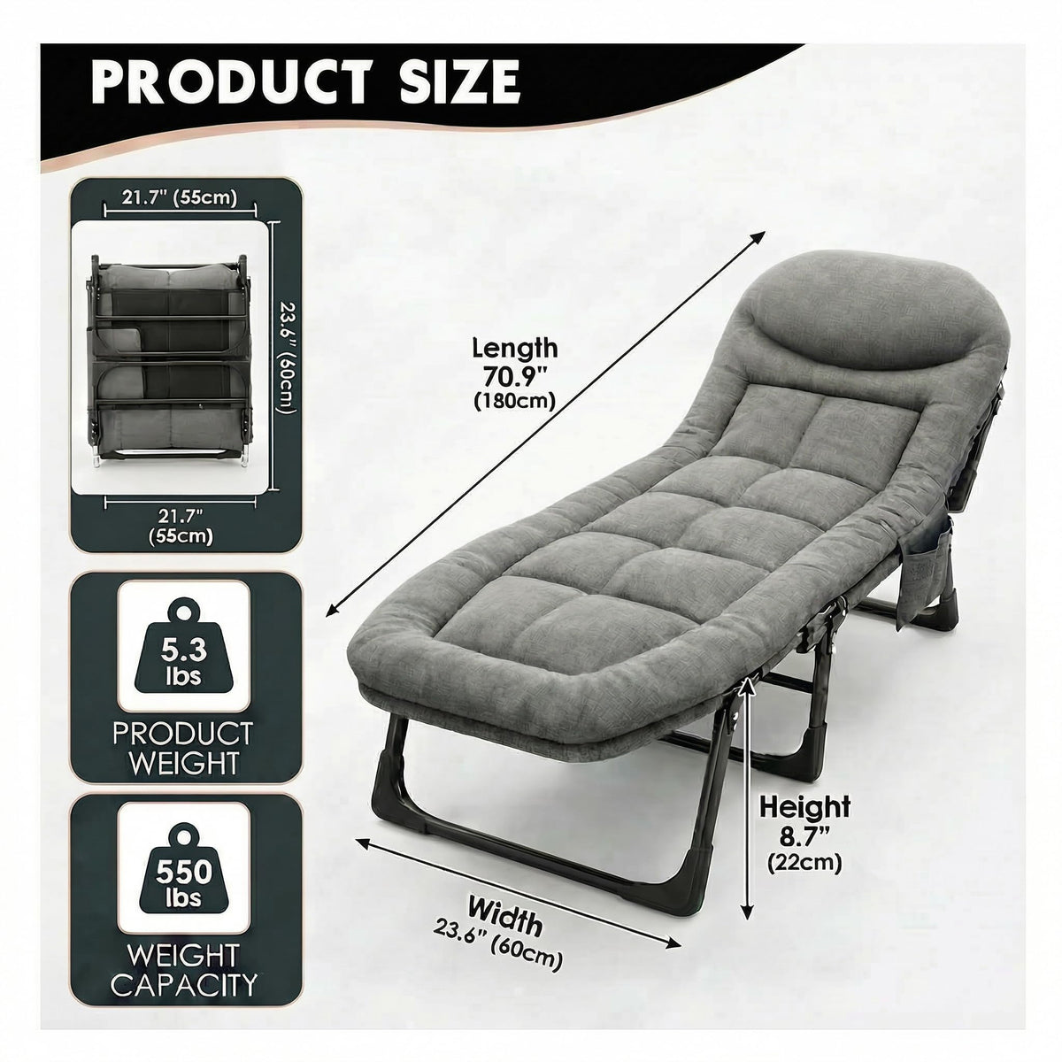 Folding Camping Cot with Mattress and Pillow, Grey E9094
