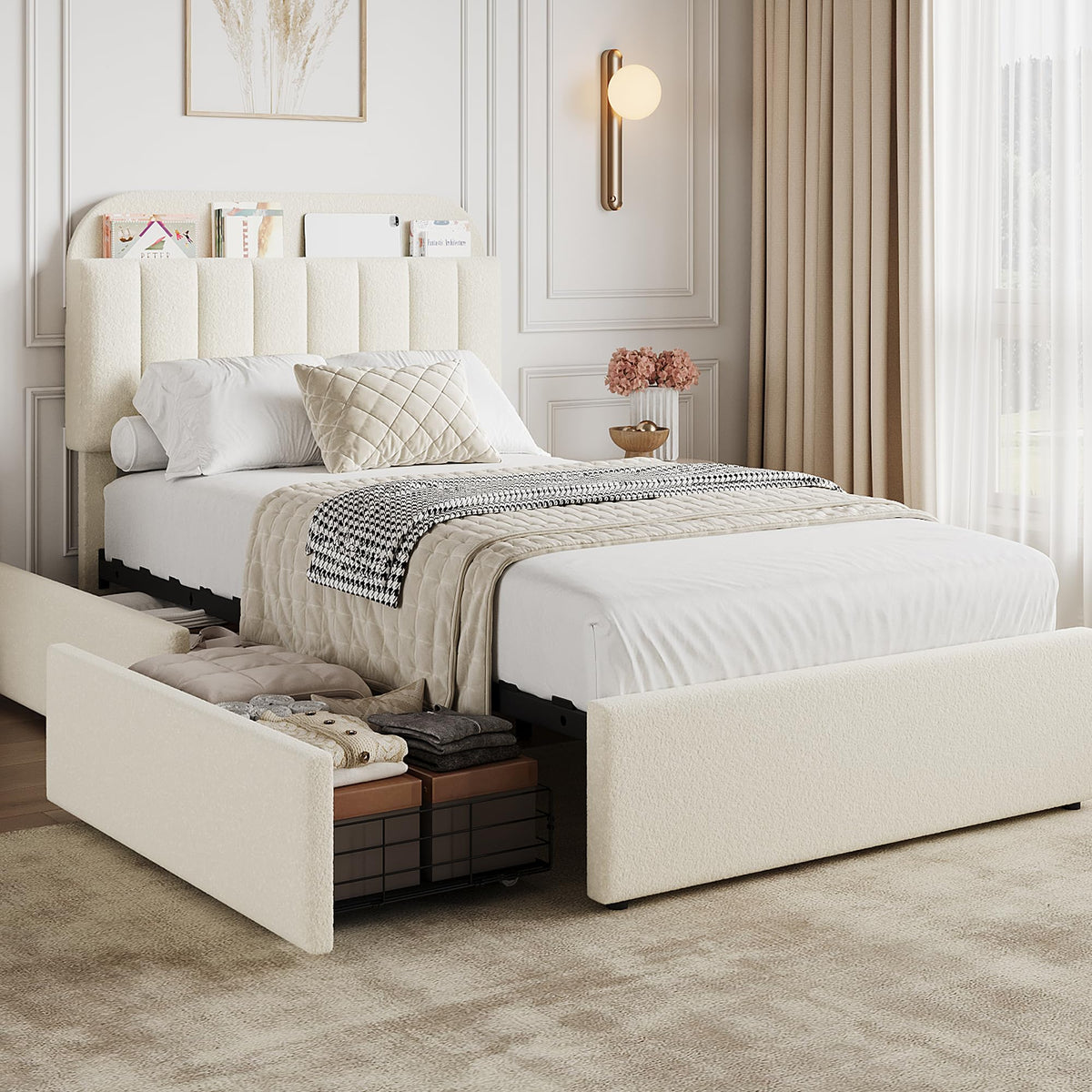 Twin Platform Bed with Storage Headboard & Drawers D8852