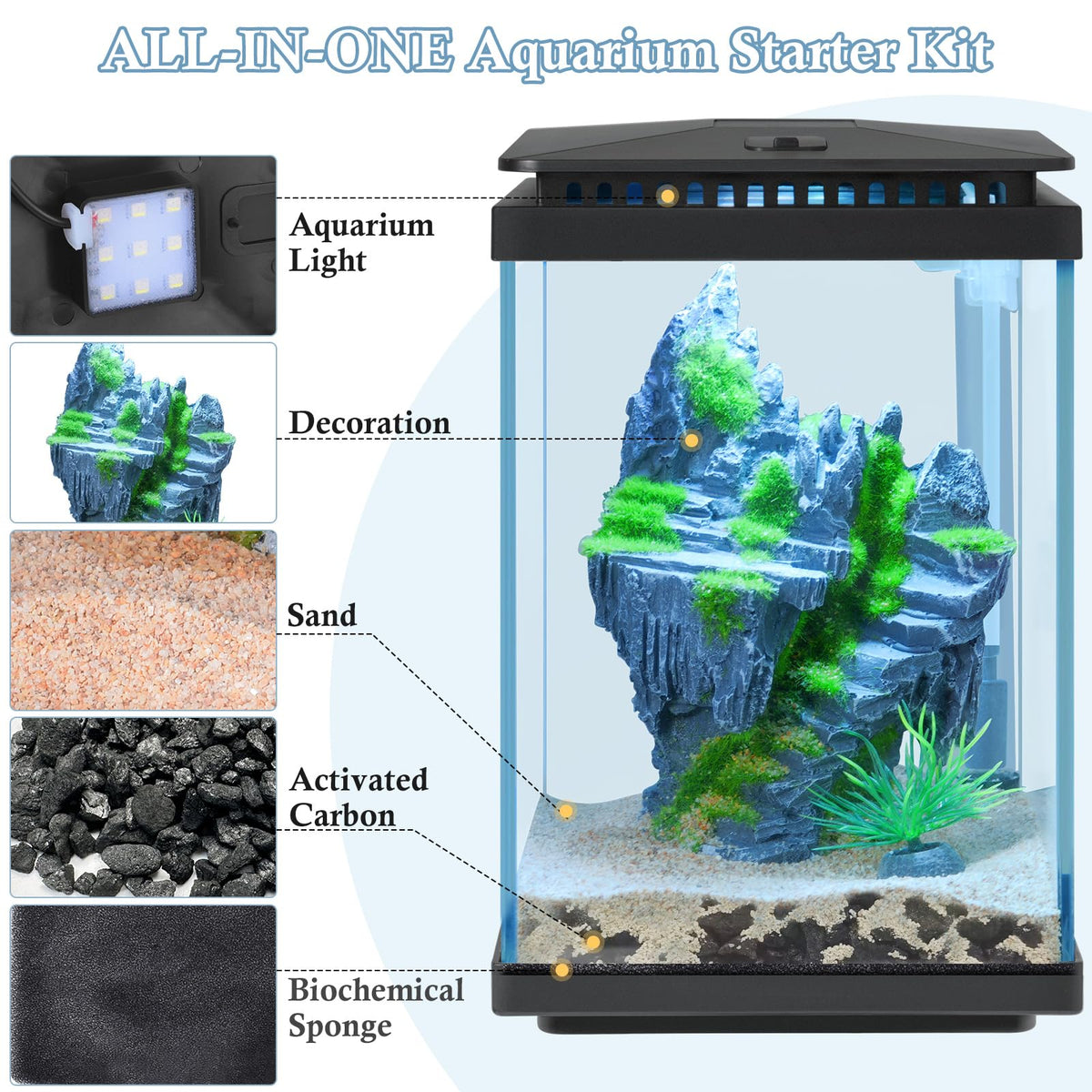 1 Gallon Small Glass Aquarium with Air Pump LED Light H2632