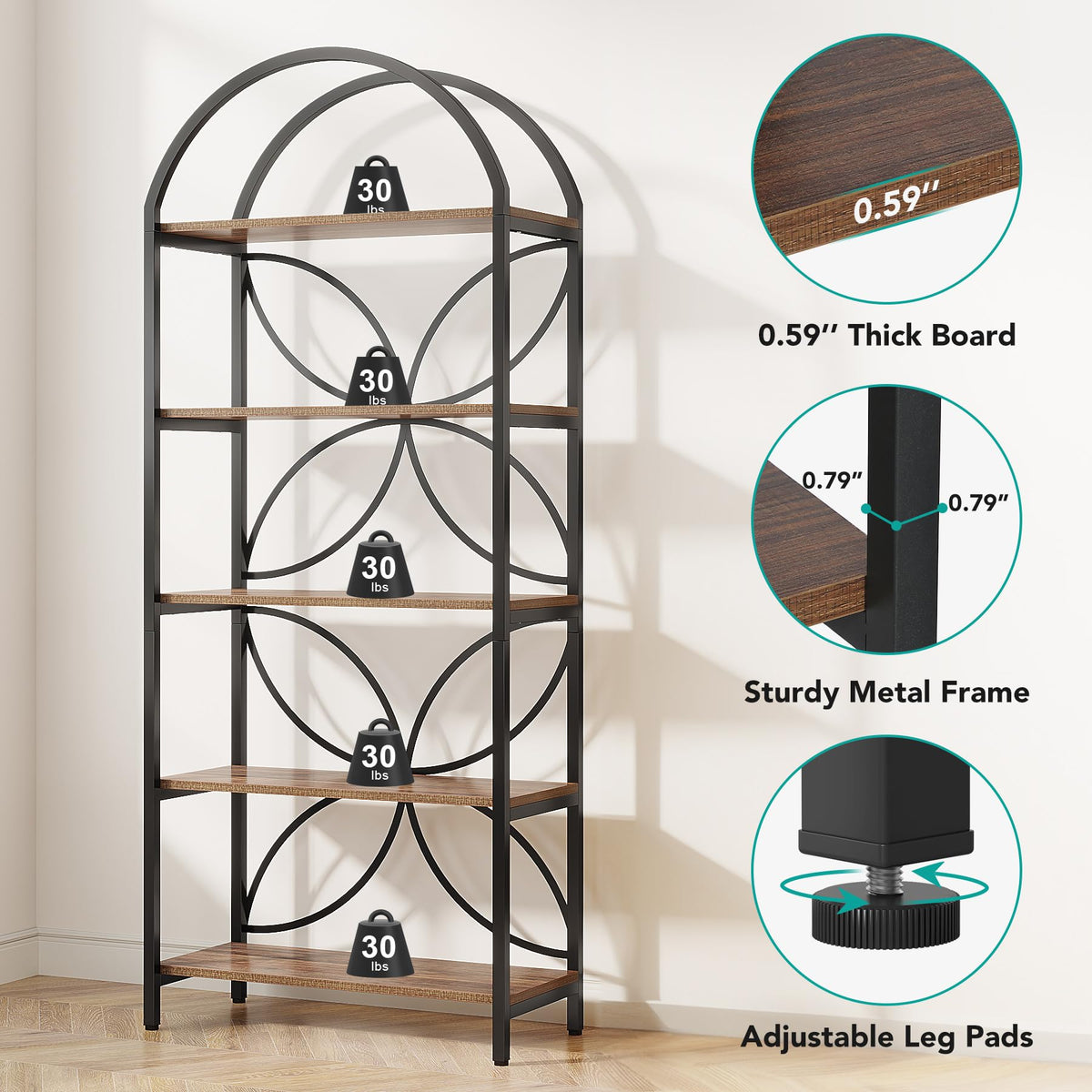 75 Inch Tall Arched 5-Tier Bookshelf O499276