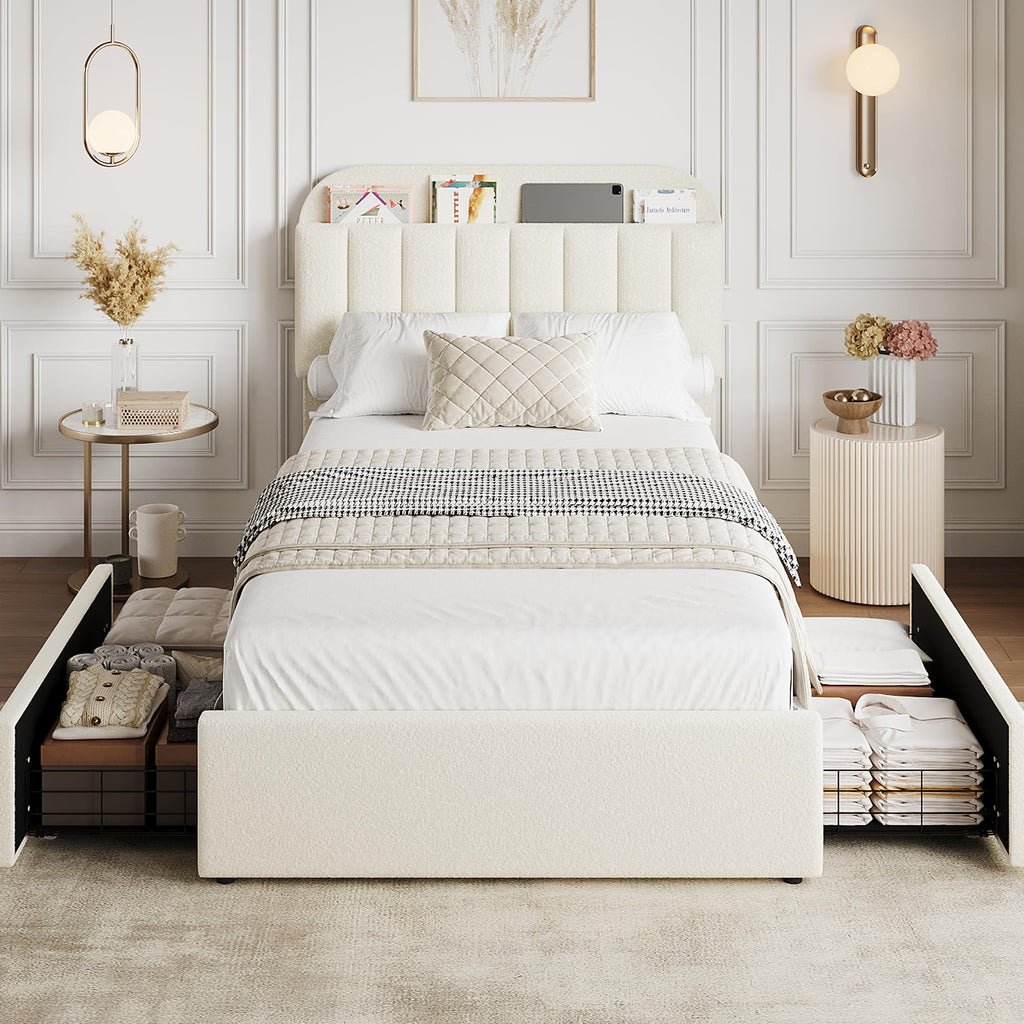 Twin Platform Bed with Storage Headboard & Drawers D8852
