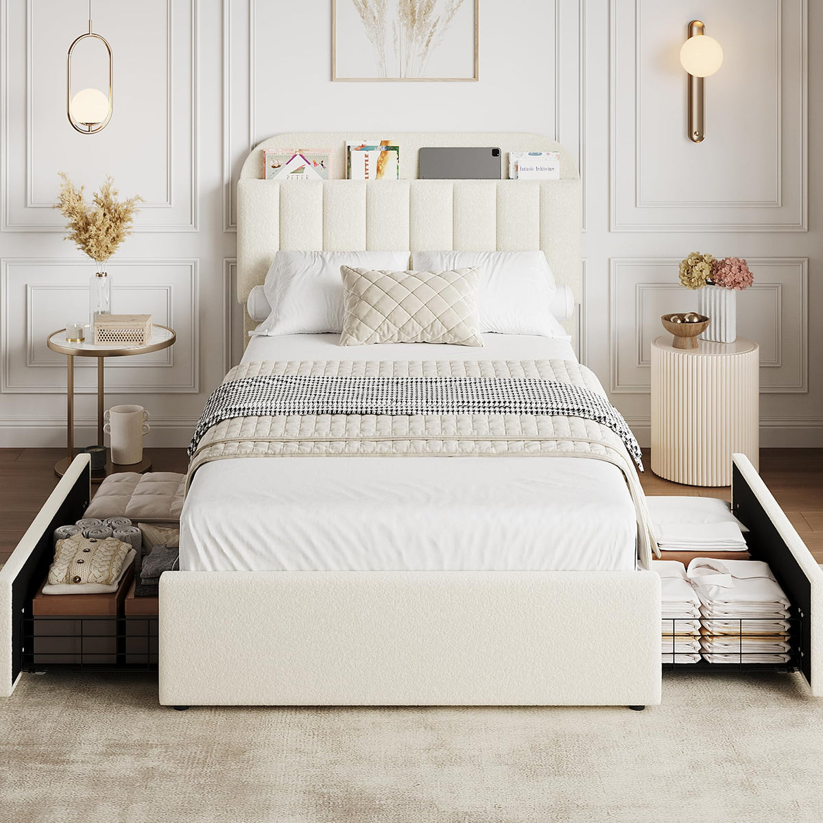 Twin Platform Bed with Storage Headboard & Drawers D8852