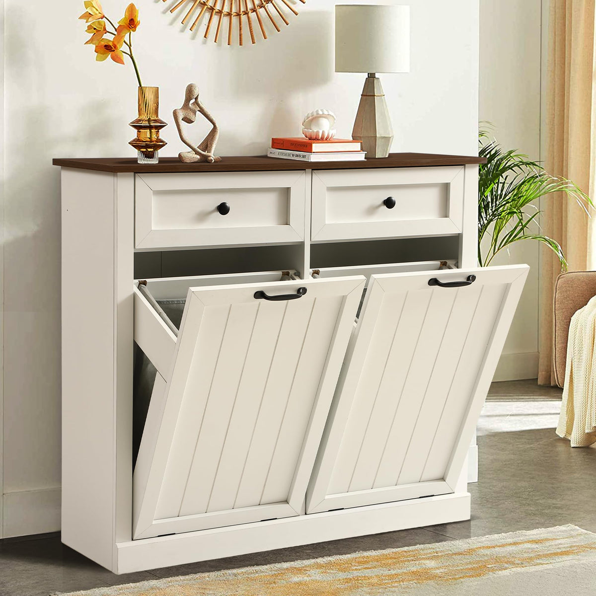 White 22 Gallon Wooden Laundry Hamper Cabinet with 2 Drawers R354