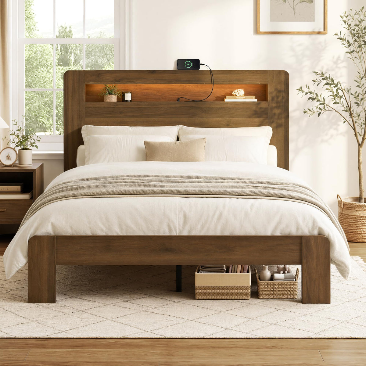King Walnut Storage Bed Frame with LED Lights Z419