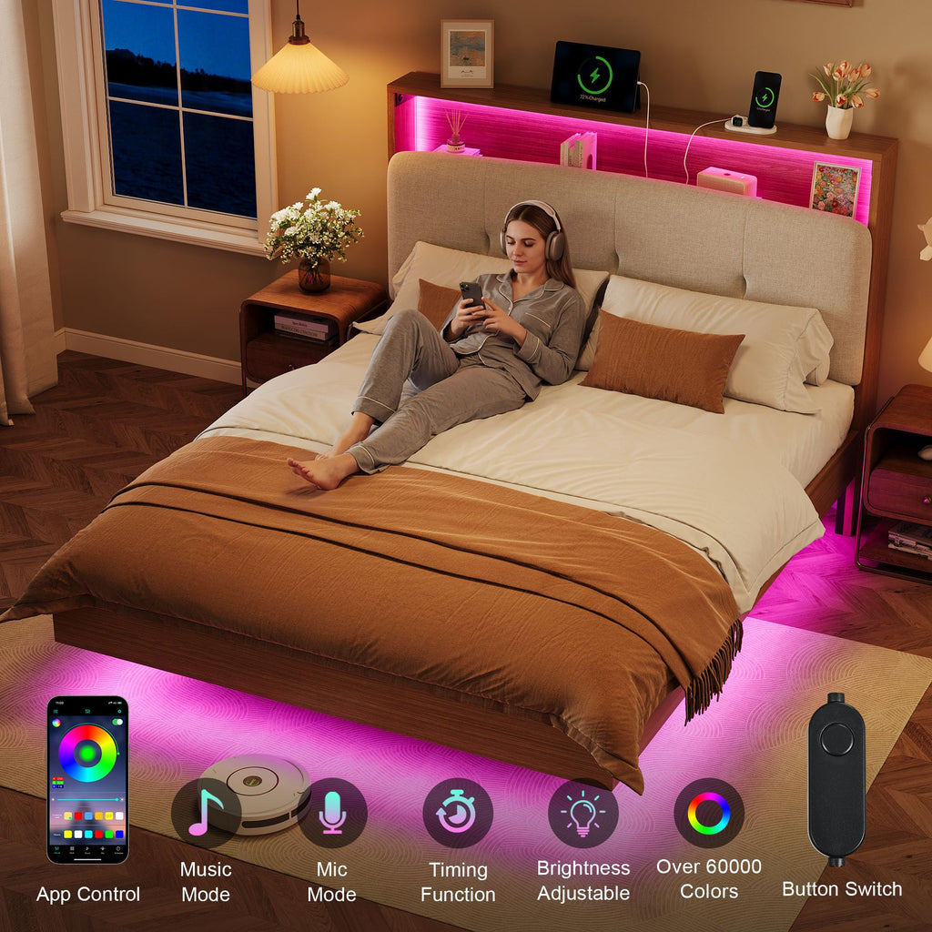 Full Size Floating Bed Frame with LED Light and Charging Station R52287