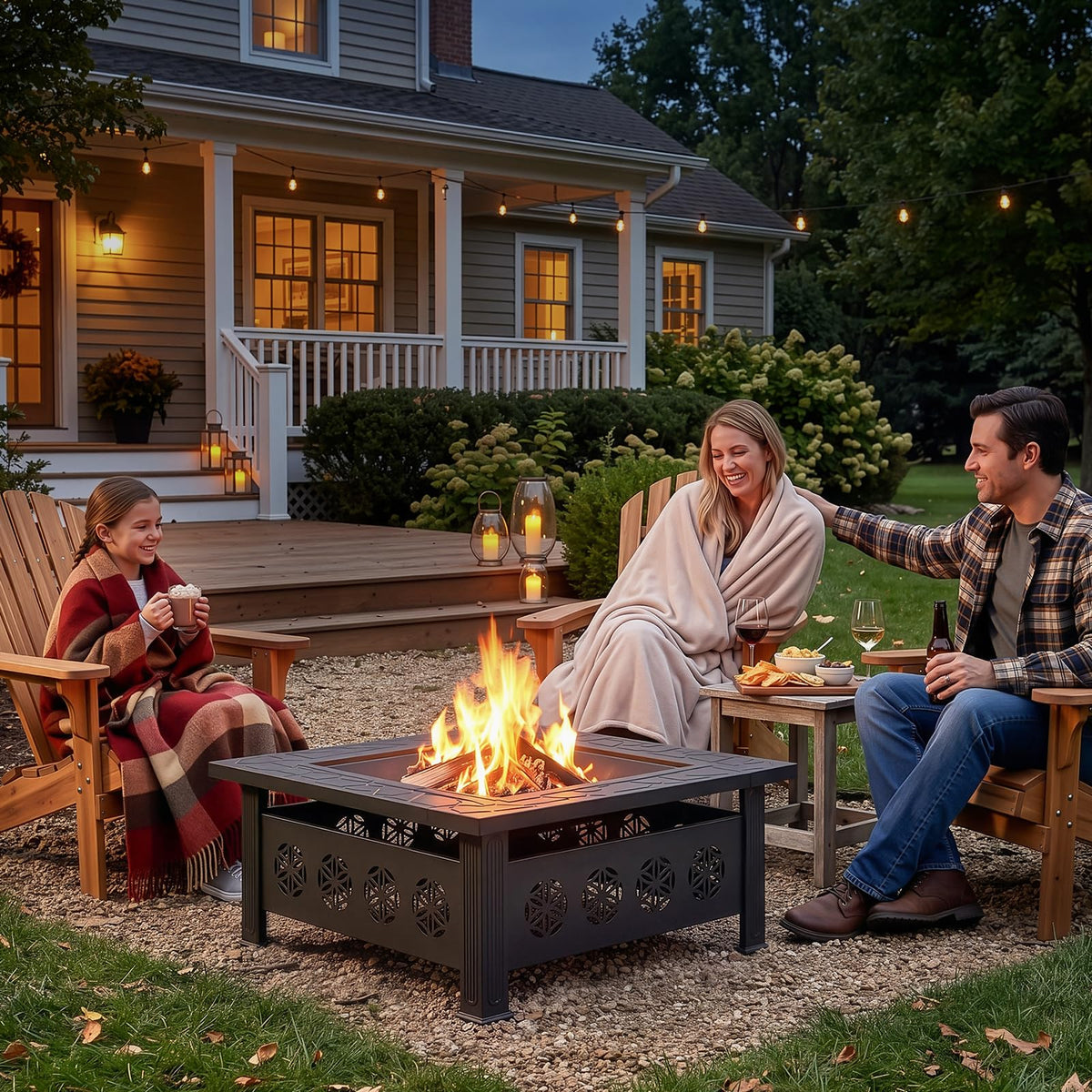32 Inch Square Wood Burning Fire Pit Table with Spark Screen Lid and Fire Poker, Black H612409