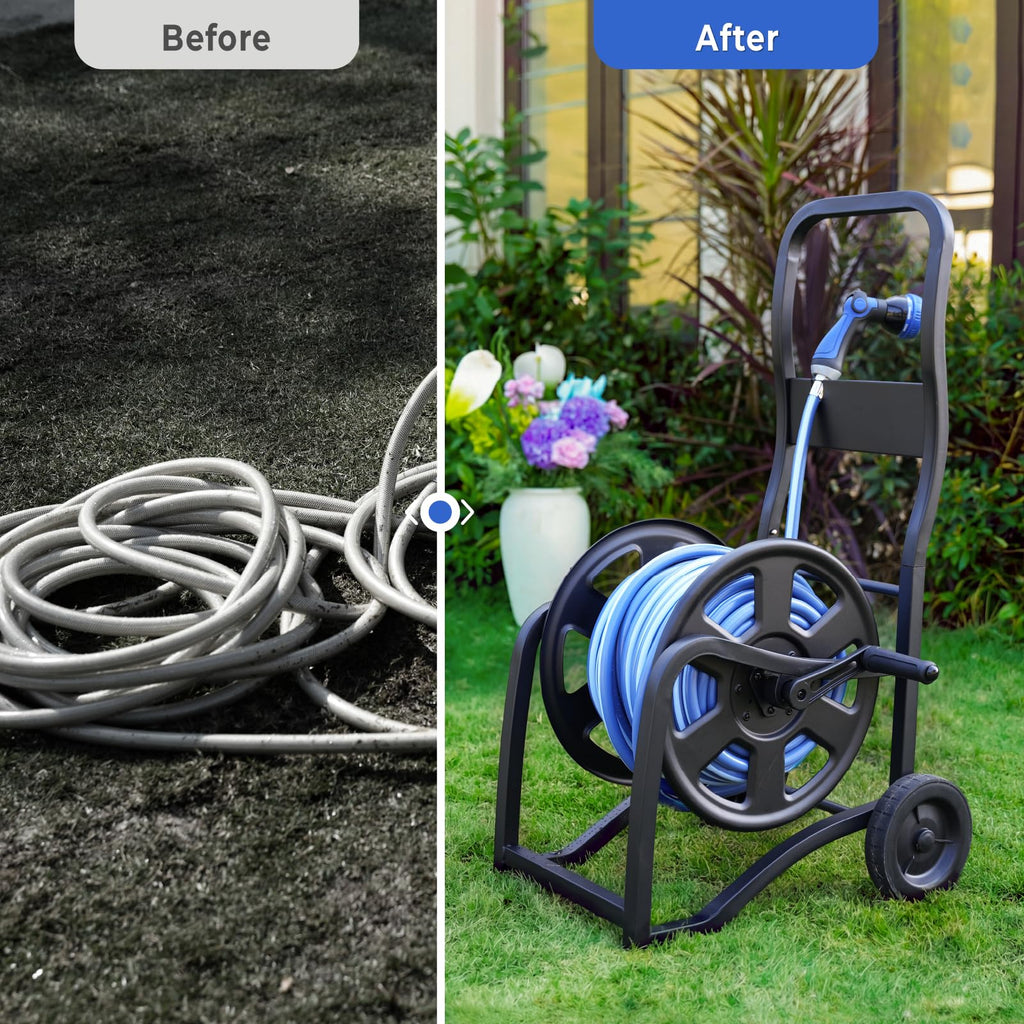 Heavy Duty Metal Garden Hose Reel Cart with Wheels, Holds 200FT Hose L13742