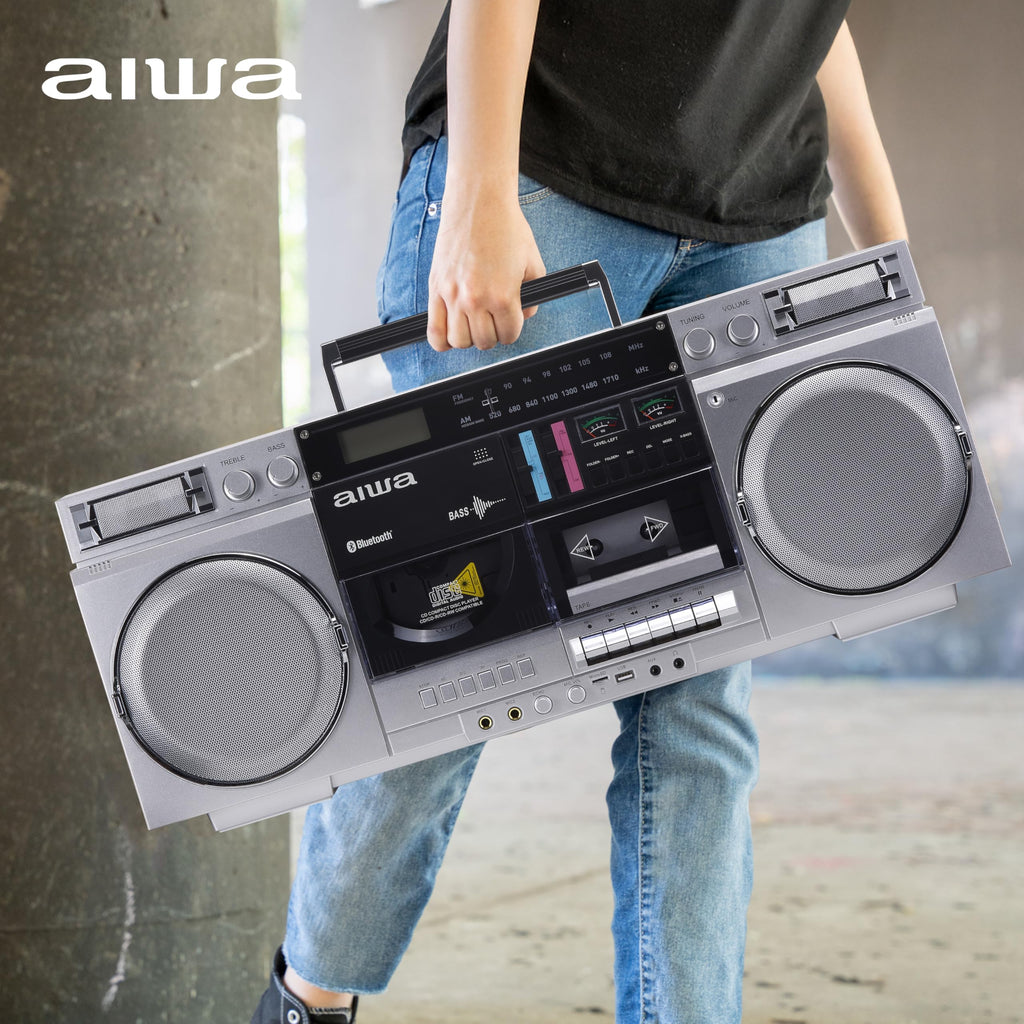 Retro Boombox CD Player with Cassette Recording, Bluetooth, FM/AM Radio, USB/SD/AUX Inputs, Dual 40W Speakers O575761