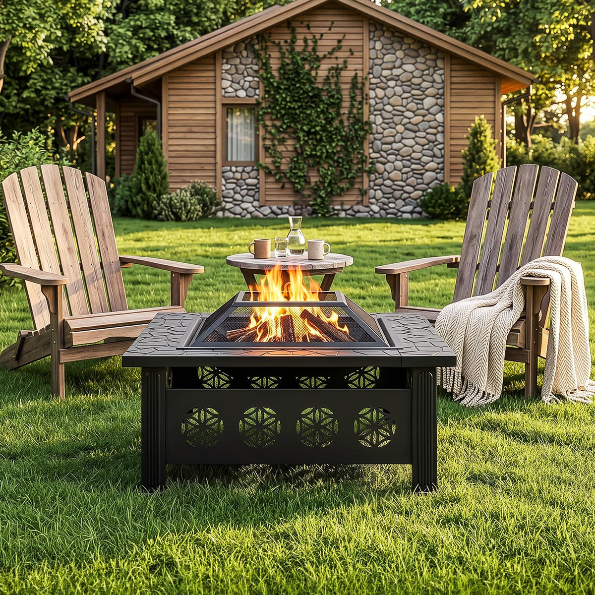 32 Inch Square Wood Burning Fire Pit Table with Spark Screen Lid and Fire Poker, Black H612409