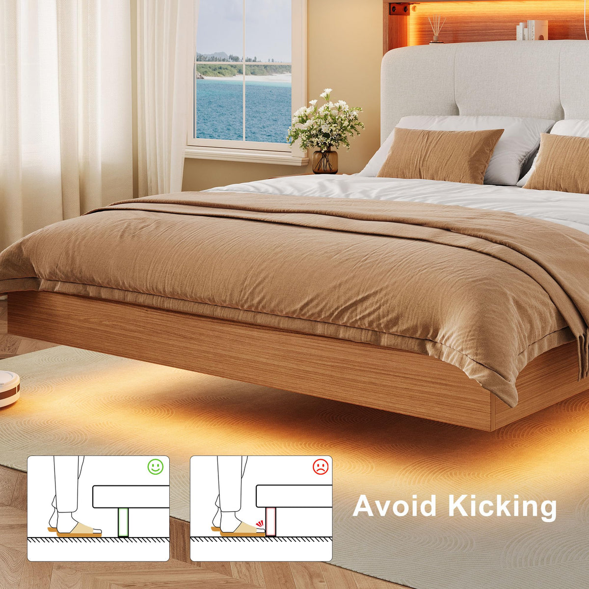 Full Size Floating Bed Frame with LED Light and Charging Station R52287